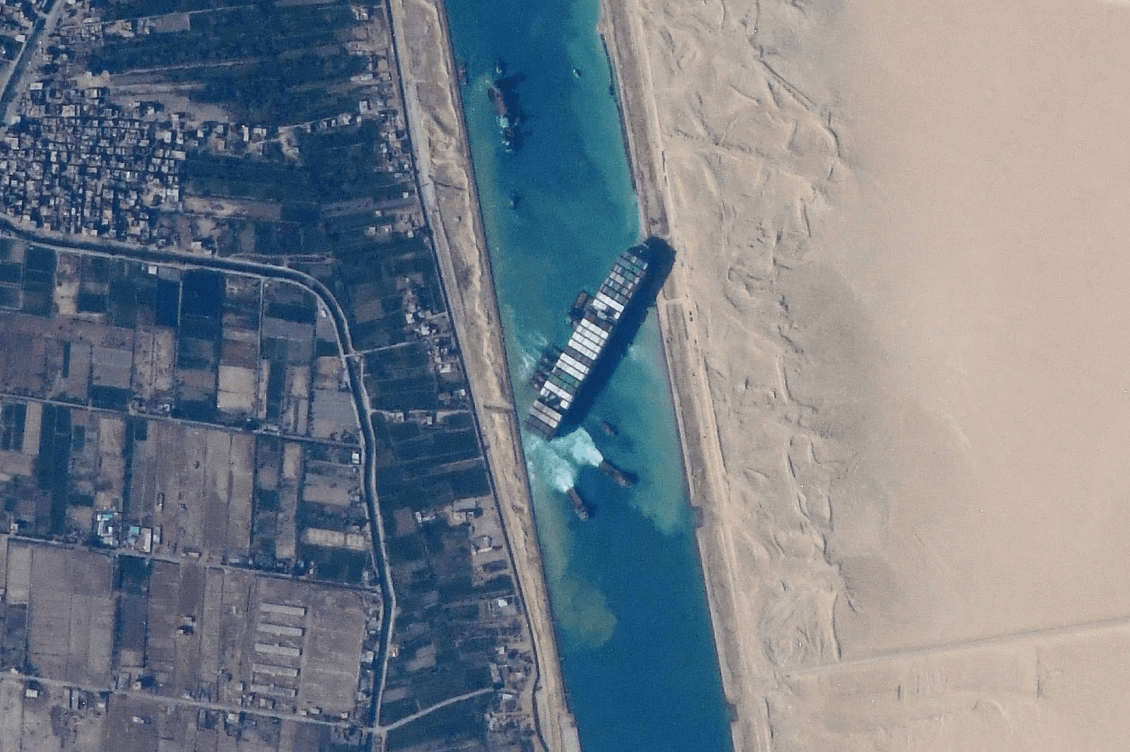 Satellite image of the Ever Given blocking the Suez Canal